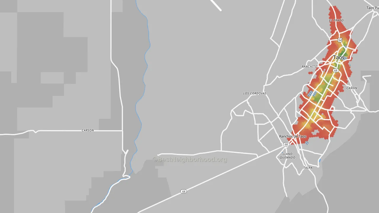 Walk Grade map of Trampas, NM, walkable areas in green and car-dependent areas in red