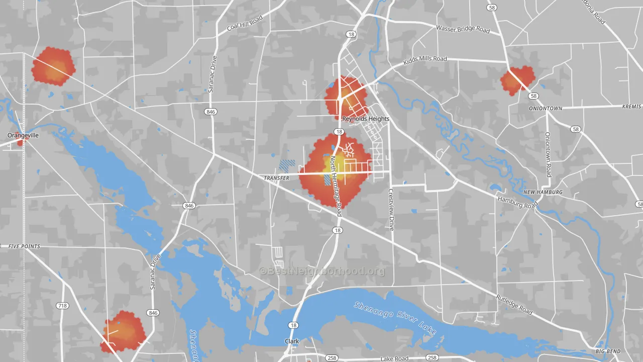 Walk Grade map of Transfer, PA, walkable areas in green and car-dependent areas in red