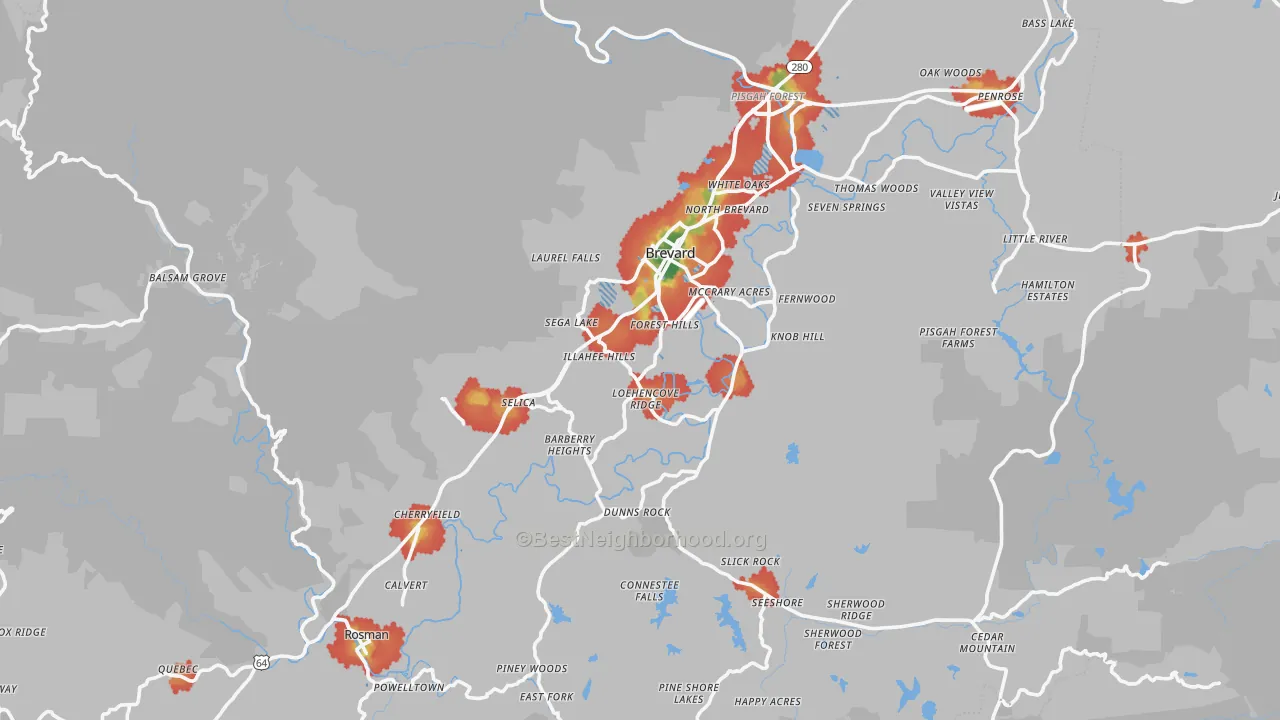 Walk Grade map of Transylvania County, NC, walkable areas in green and car-dependent areas in red