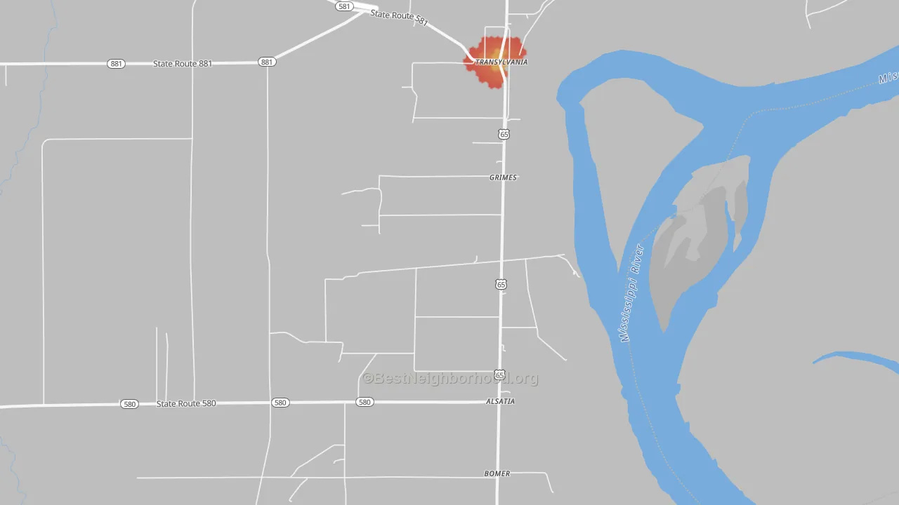 Walk Grade map of Transylvania, LA, walkable areas in green and car-dependent areas in red