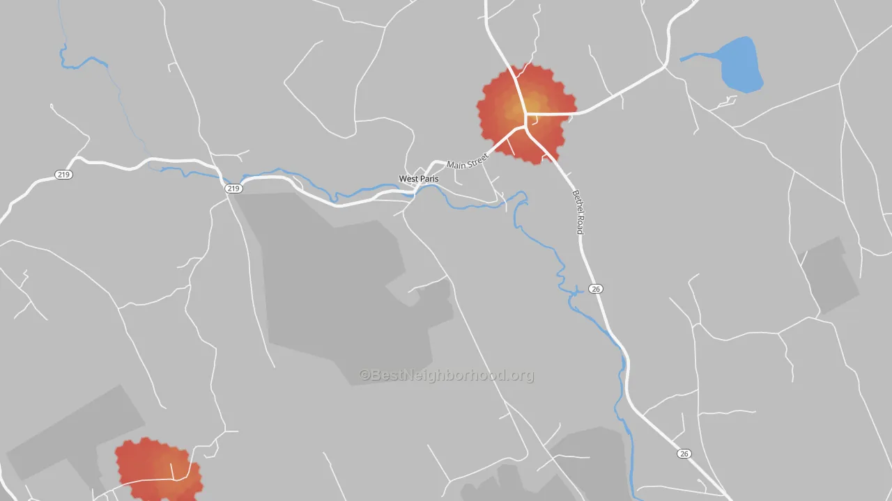 Walk Grade map of Trap Corner, ME, walkable areas in green and car-dependent areas in red