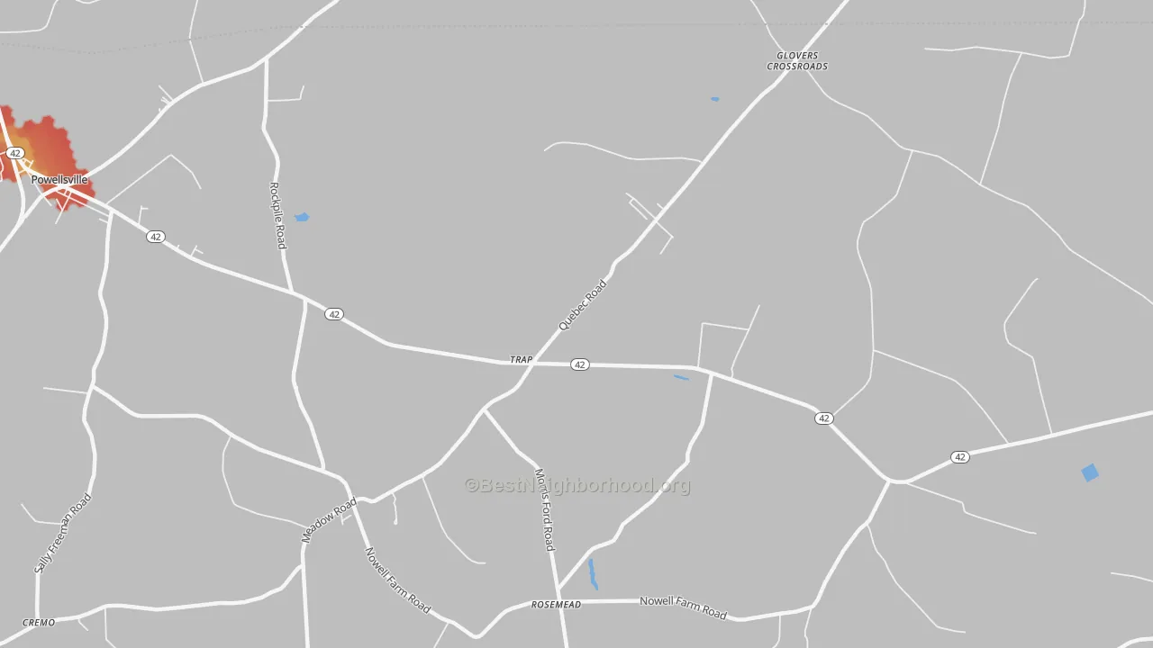 Walk Grade map of Trap, NC, walkable areas in green and car-dependent areas in red