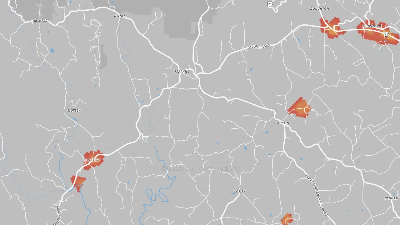 Walk Grade map of Traphill, NC, walkable areas in green and car-dependent areas in red