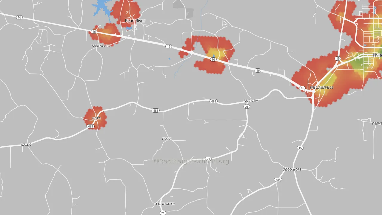 Walk Grade map of Trapp, MS, walkable areas in green and car-dependent areas in red