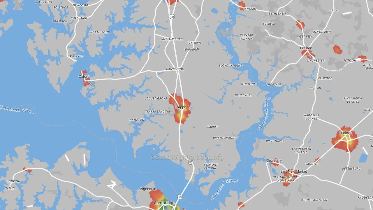 Walk Grade map of Trappe, MD, walkable areas in green and car-dependent areas in red