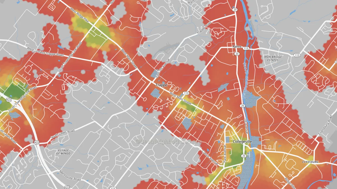 Walk Grade map of Trappe, PA, walkable areas in green and car-dependent areas in red