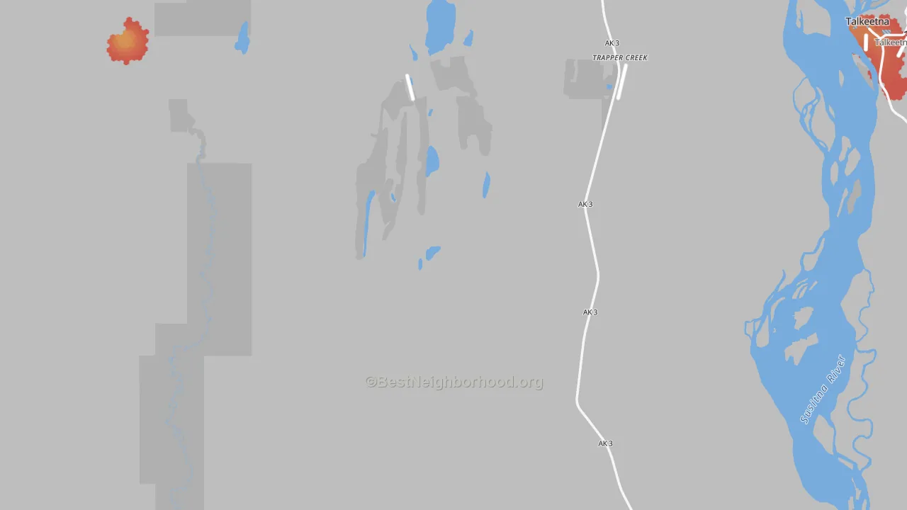 Walk Grade map of Trapper Creek, AK, walkable areas in green and car-dependent areas in red