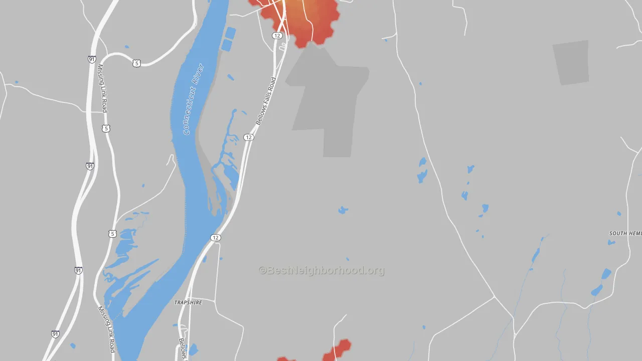 Walk Grade map of Trapshire, NH, walkable areas in green and car-dependent areas in red