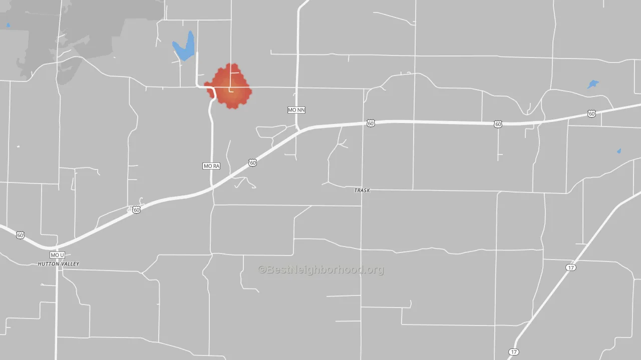 Walk Grade map of Trask, MO, walkable areas in green and car-dependent areas in red