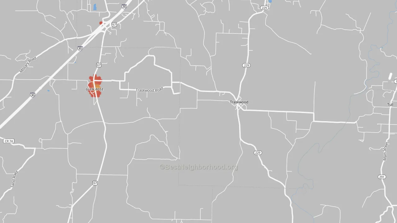Walk Grade map of Traskwood, AR, walkable areas in green and car-dependent areas in red