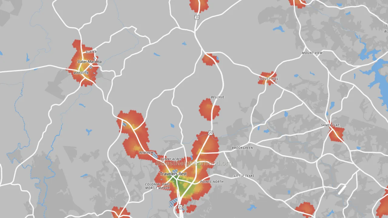 Walk Grade map of Travelers Rest, SC, walkable areas in green and car-dependent areas in red