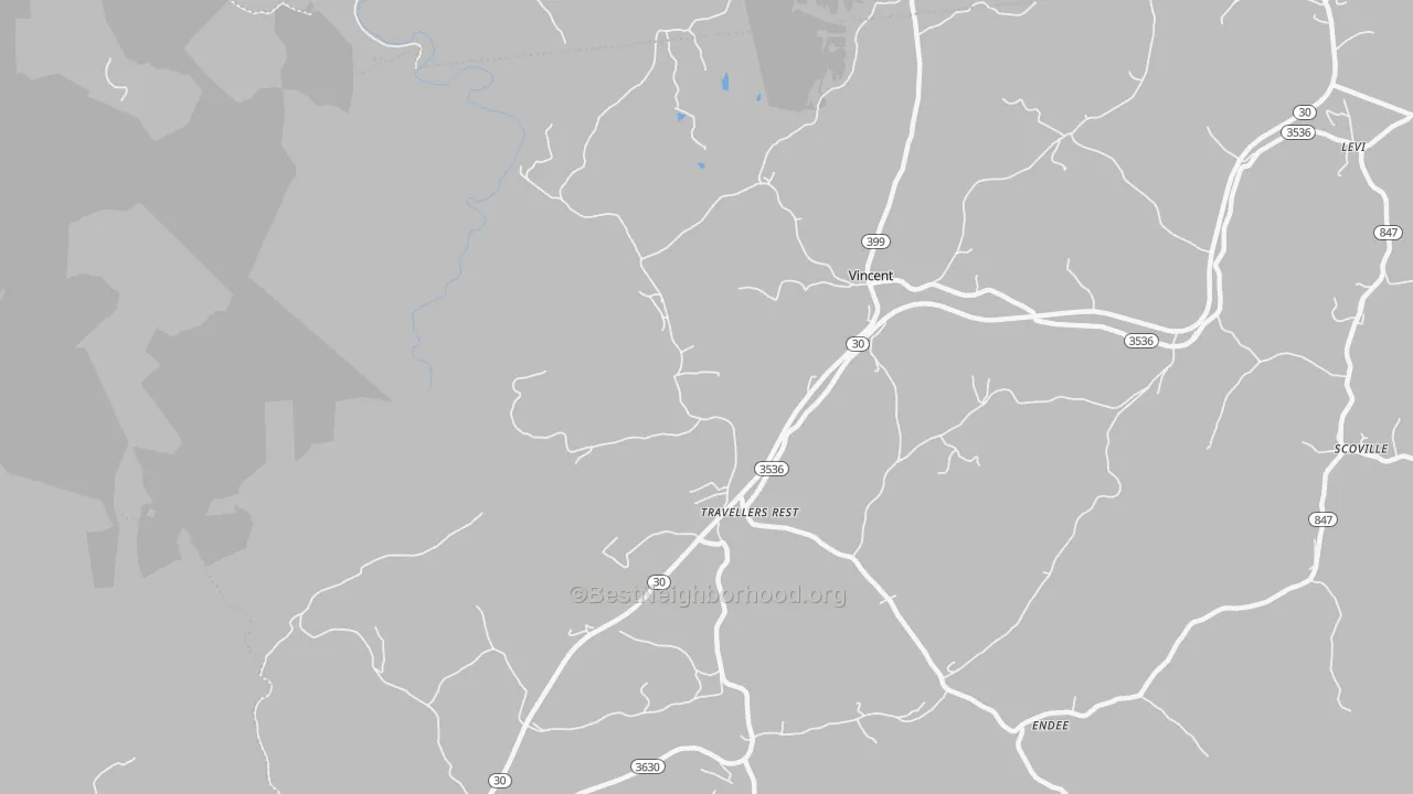 Walk Grade map of Travellers Rest, KY, walkable areas in green and car-dependent areas in red
