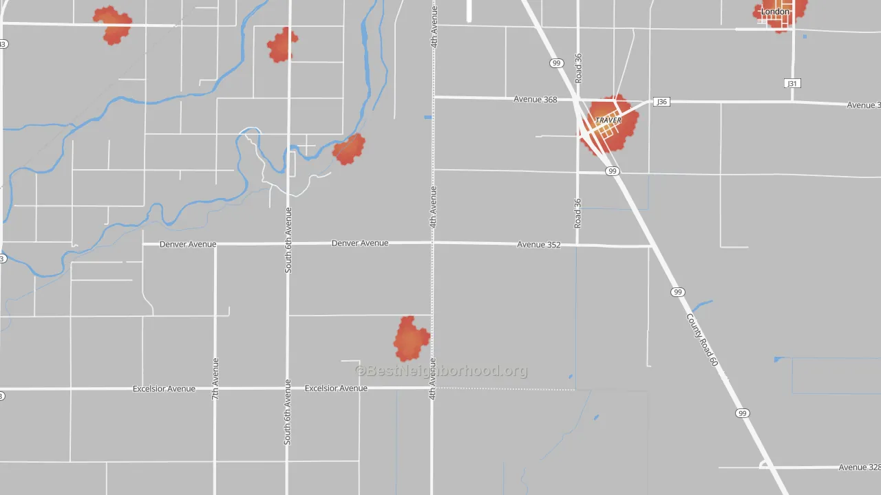 Walk Grade map of Traver, CA, walkable areas in green and car-dependent areas in red