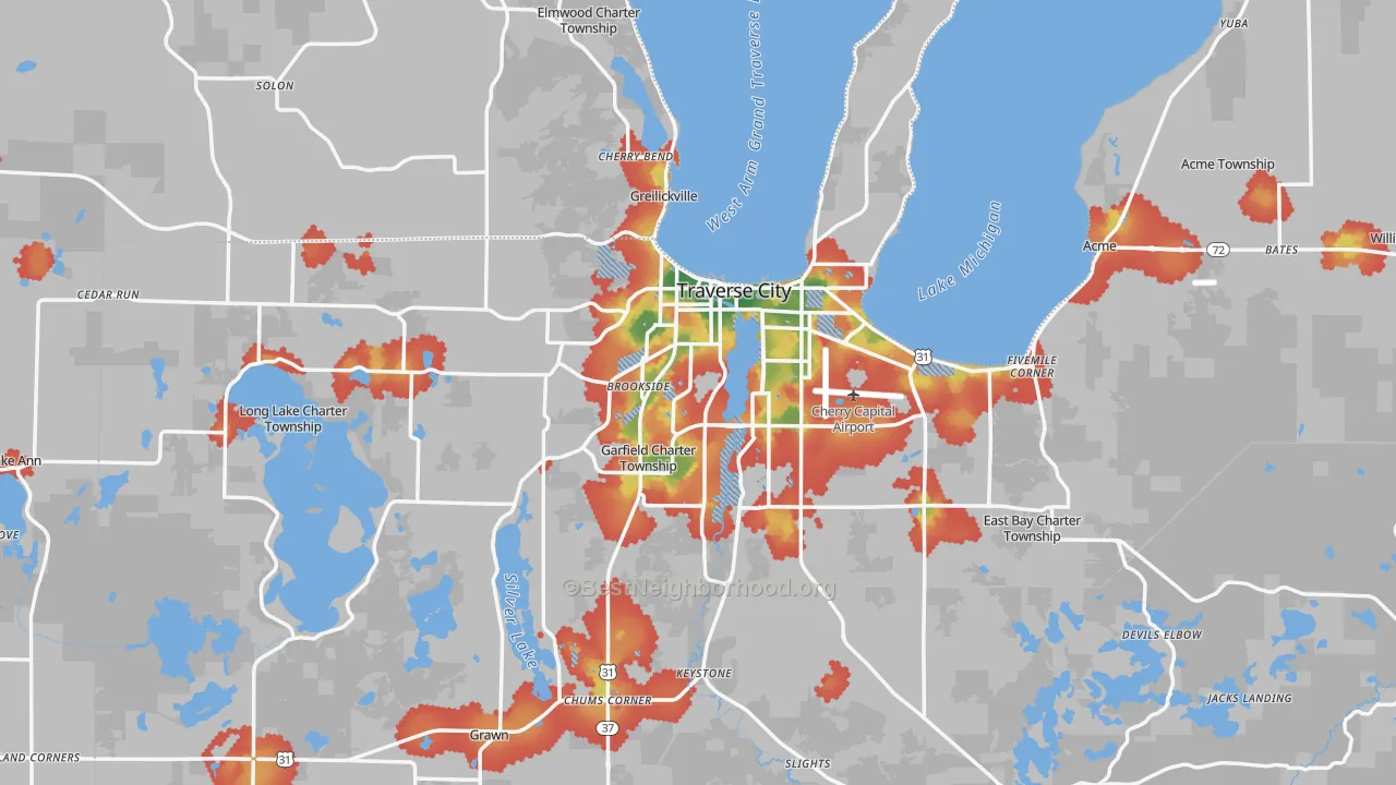 Walk Grade map of Traverse City, MI, walkable areas in green and car-dependent areas in red