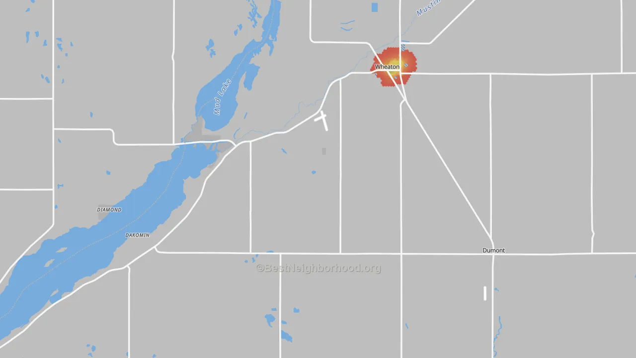 Walk Grade map of Traverse County, MN, walkable areas in green and car-dependent areas in red
