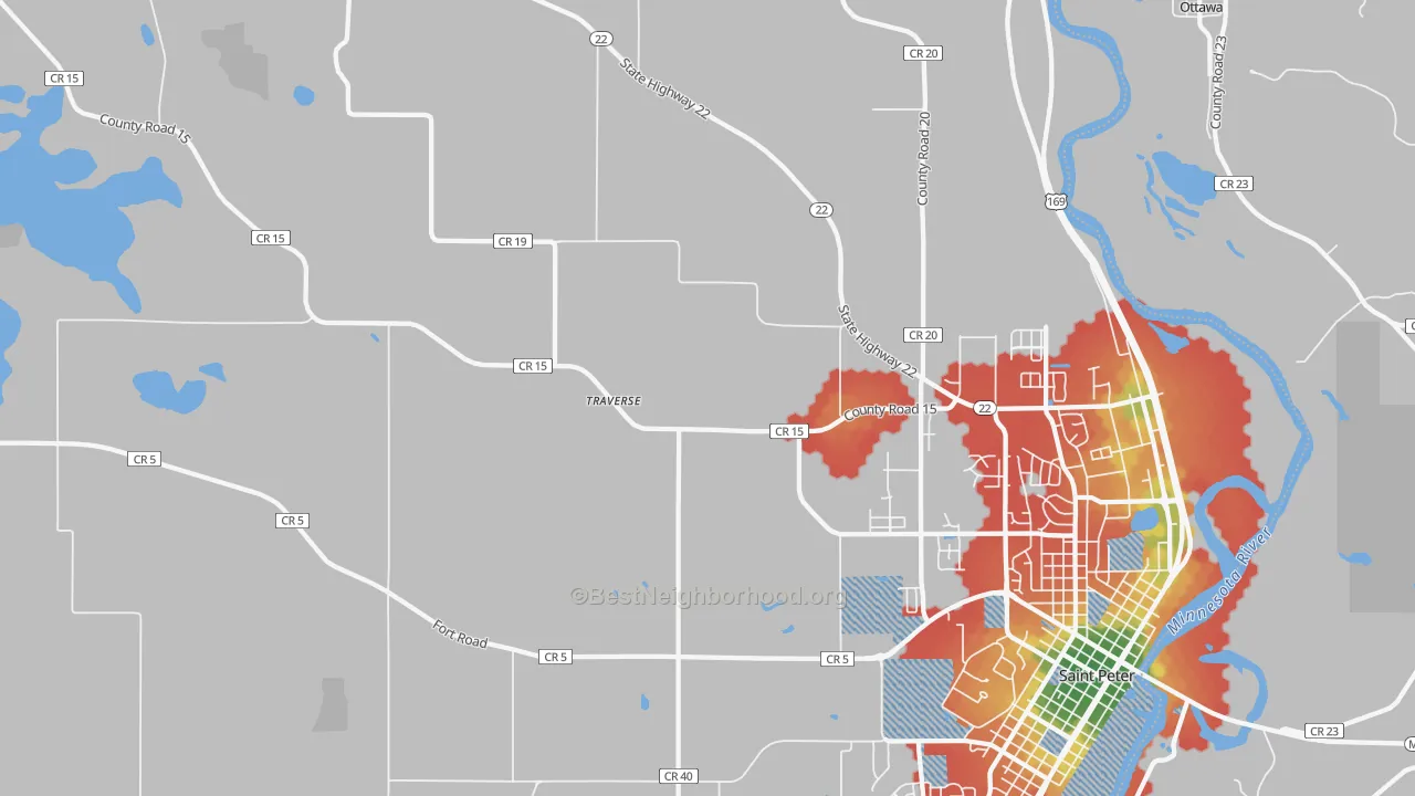 Walk Grade map of Traverse, MN, walkable areas in green and car-dependent areas in red