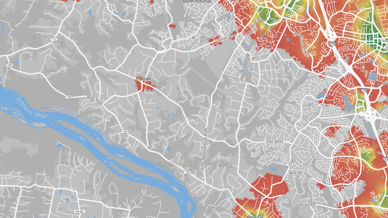 Walk Grade map of Travilah, MD, walkable areas in green and car-dependent areas in red