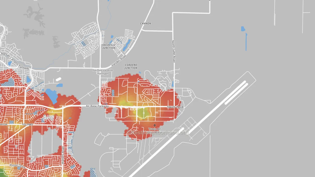 Walk Grade map of Travis Afb, CA, walkable areas in green and car-dependent areas in red