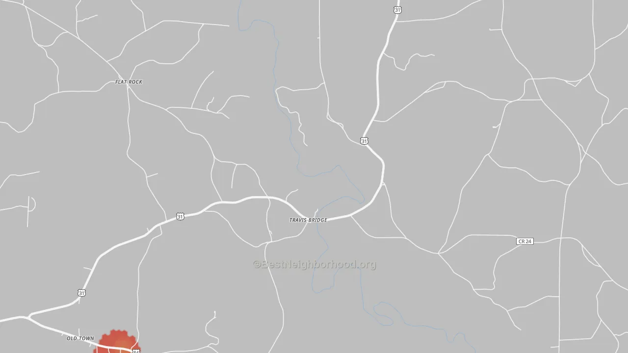 Walk Grade map of Travis Bridge, AL, walkable areas in green and car-dependent areas in red