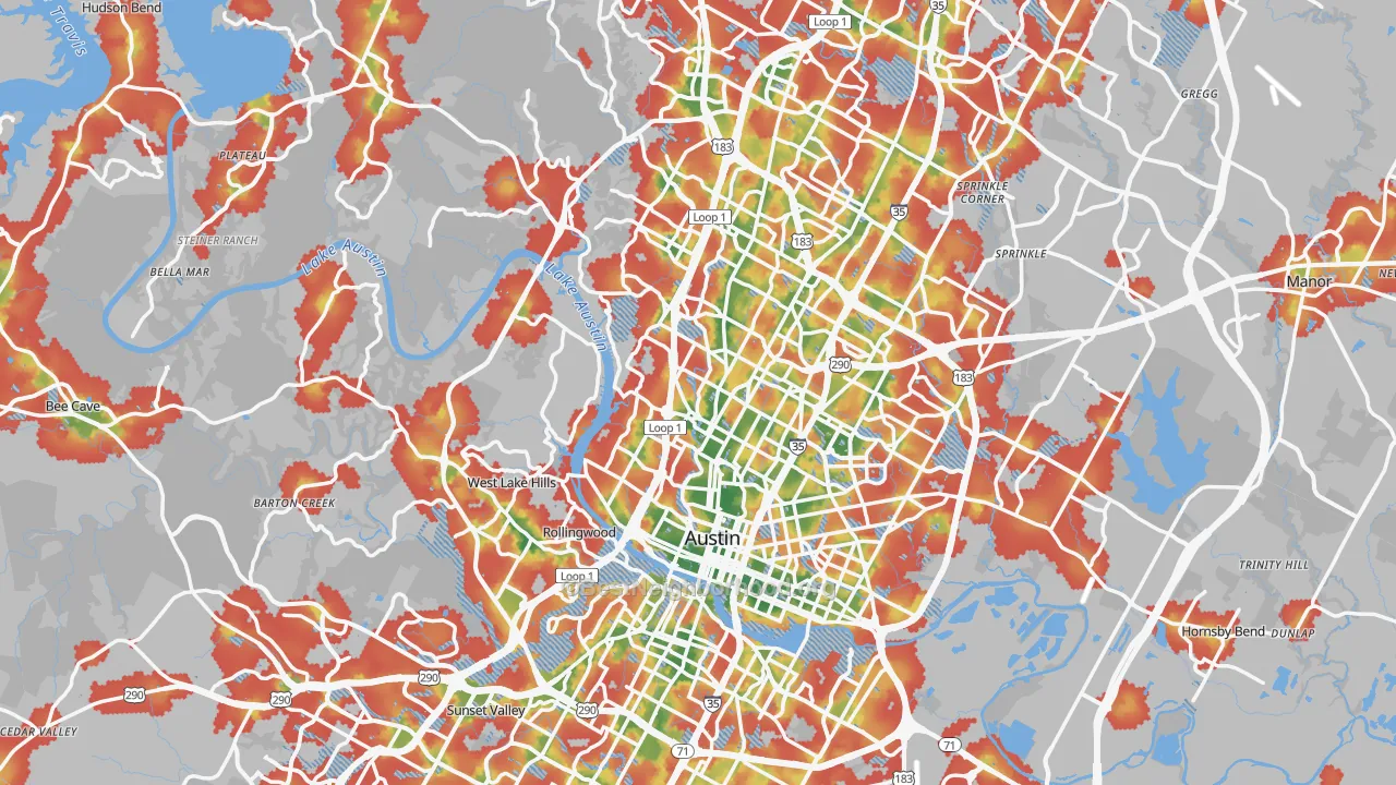 Walk Grade map of Travis County, TX, walkable areas in green and car-dependent areas in red