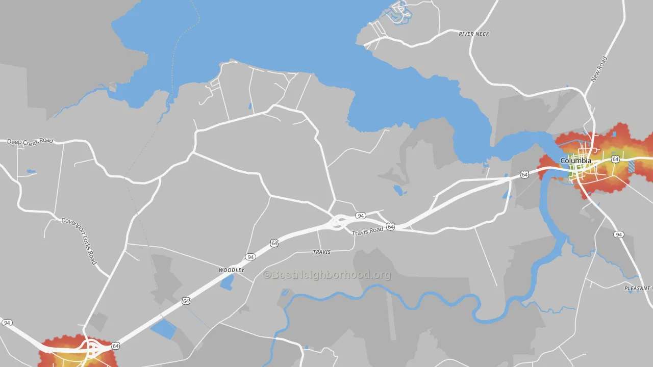 Walk Grade map of Travis, NC, walkable areas in green and car-dependent areas in red