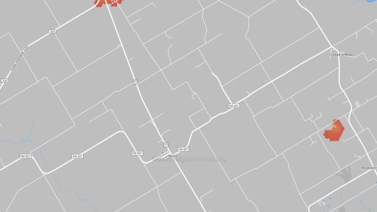 Walk Grade map of Travis, TX, walkable areas in green and car-dependent areas in red