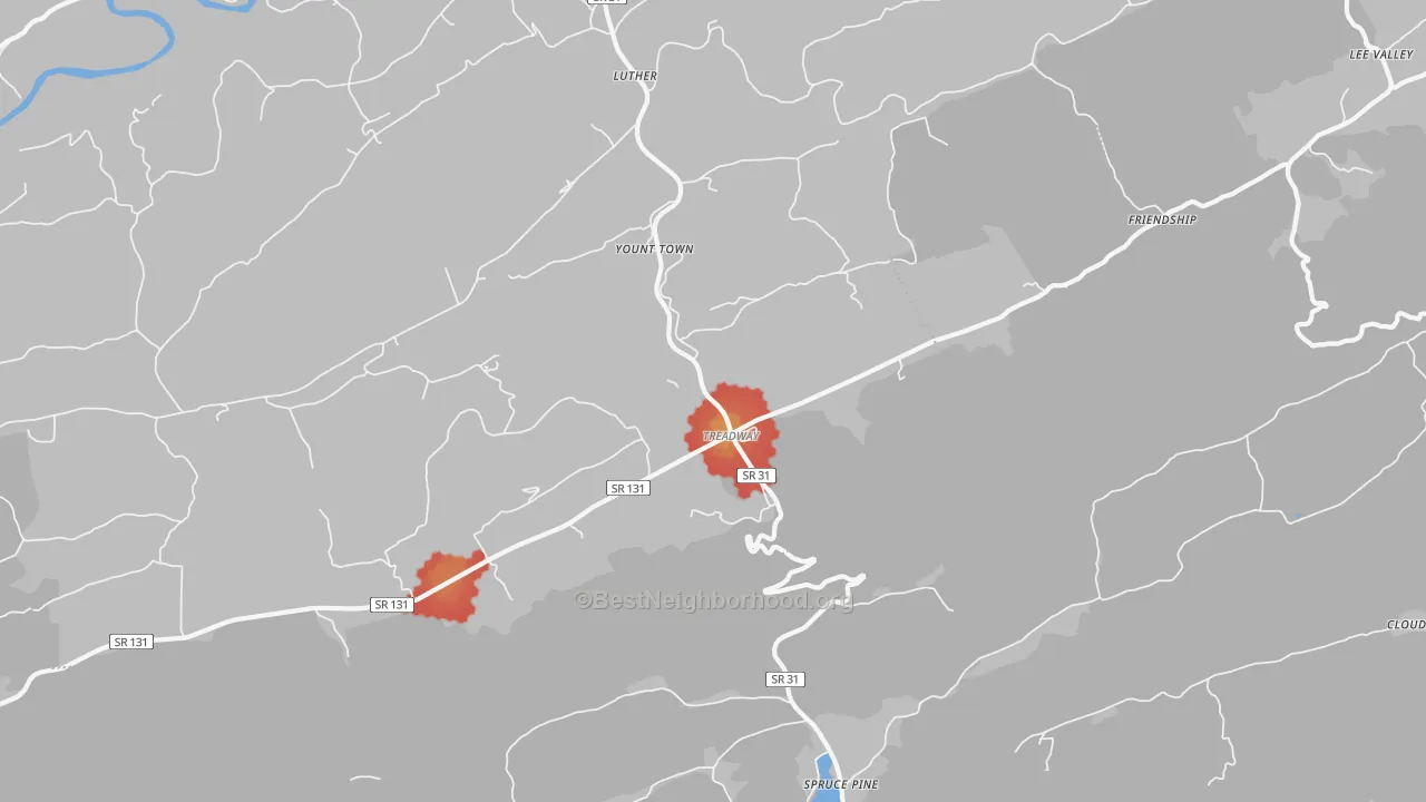 Walk Grade map of Treadway, TN, walkable areas in green and car-dependent areas in red