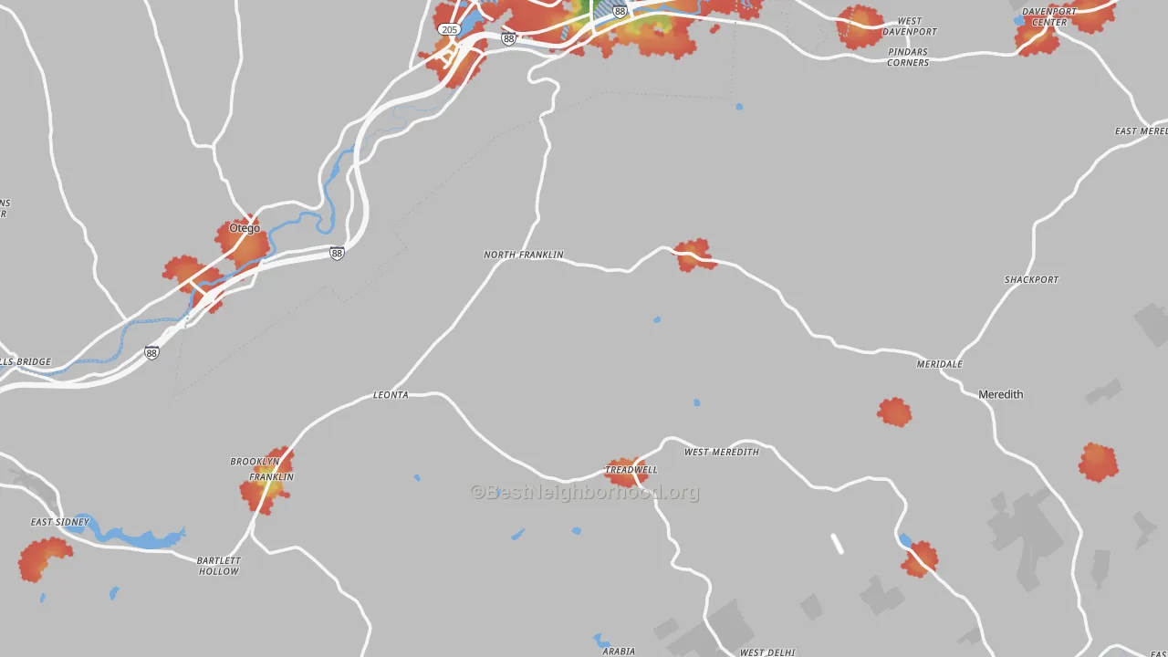Walk Grade map of Treadwell, NY, walkable areas in green and car-dependent areas in red