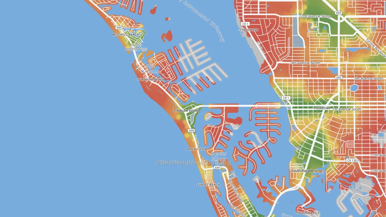 Walk Grade map of Treasure Island, FL, walkable areas in green and car-dependent areas in red