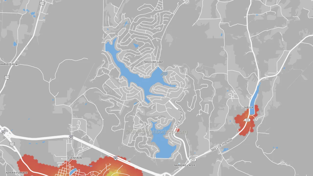 Walk Grade map of Treasure Lake, PA, walkable areas in green and car-dependent areas in red