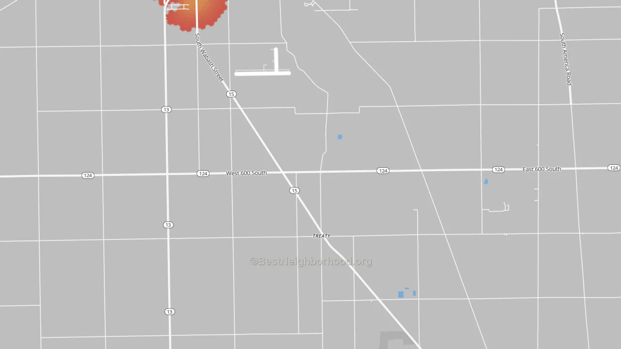 Walk Grade map of Treaty, IN, walkable areas in green and car-dependent areas in red