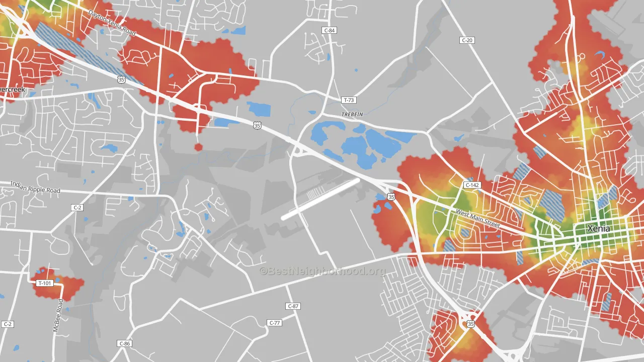 Walk Grade map of Trebeins, OH, walkable areas in green and car-dependent areas in red