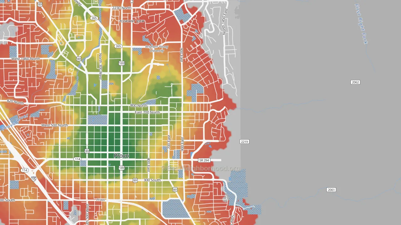 Walk Grade map of Tree Streets, Provo, UT, walkable areas in green and car-dependent areas in red