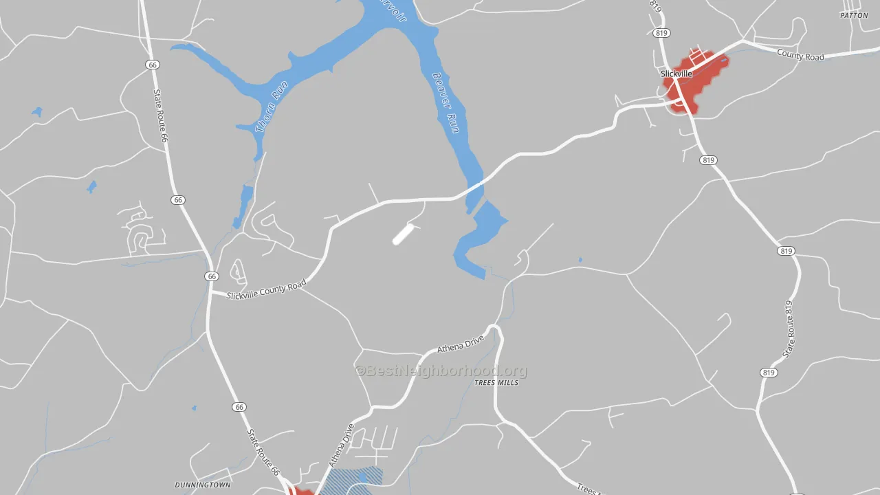Walk Grade map of Trees Mills, PA, walkable areas in green and car-dependent areas in red