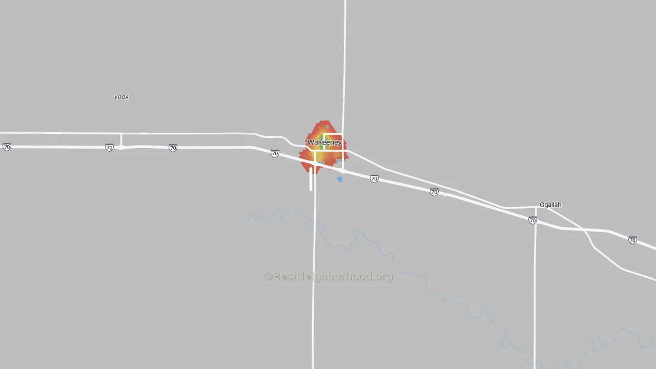 Walk Grade map of Trego County, KS, walkable areas in green and car-dependent areas in red
