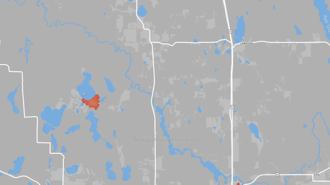 Walk Grade map of Trego, WI, walkable areas in green and car-dependent areas in red