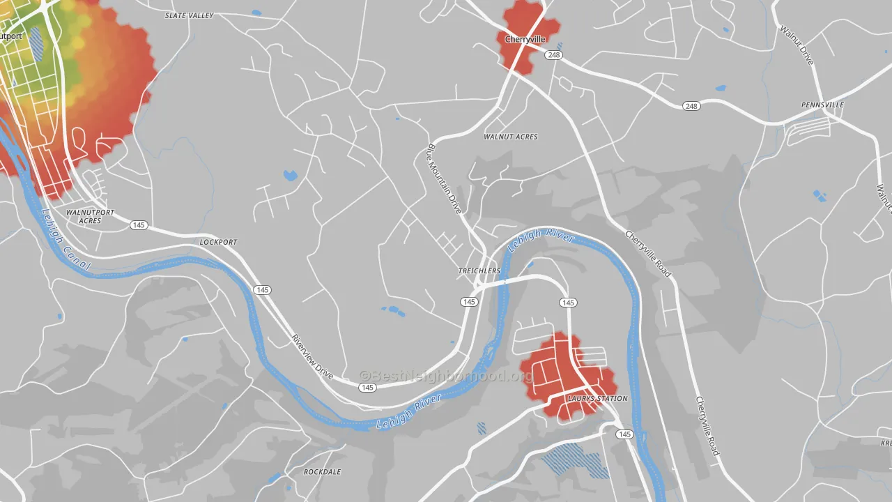 Walk Grade map of Treichlers, PA, walkable areas in green and car-dependent areas in red