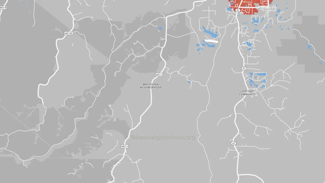 Walk Grade map of Treloar, MO, walkable areas in green and car-dependent areas in red