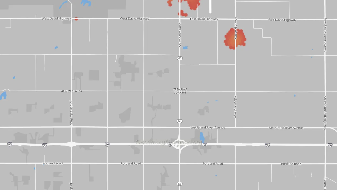 Walk Grade map of Tremaine Corners, MI, walkable areas in green and car-dependent areas in red