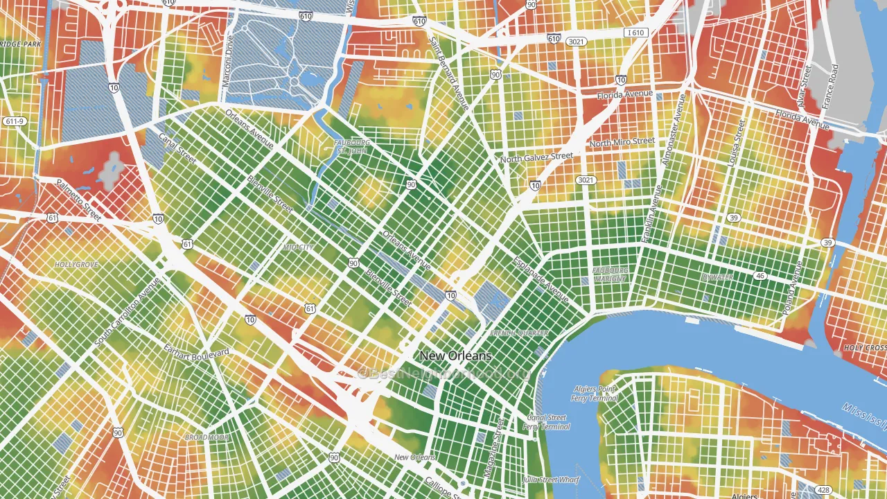 Walk Grade map of Treme' Lafitte, New Orleans, LA, walkable areas in green and car-dependent areas in red