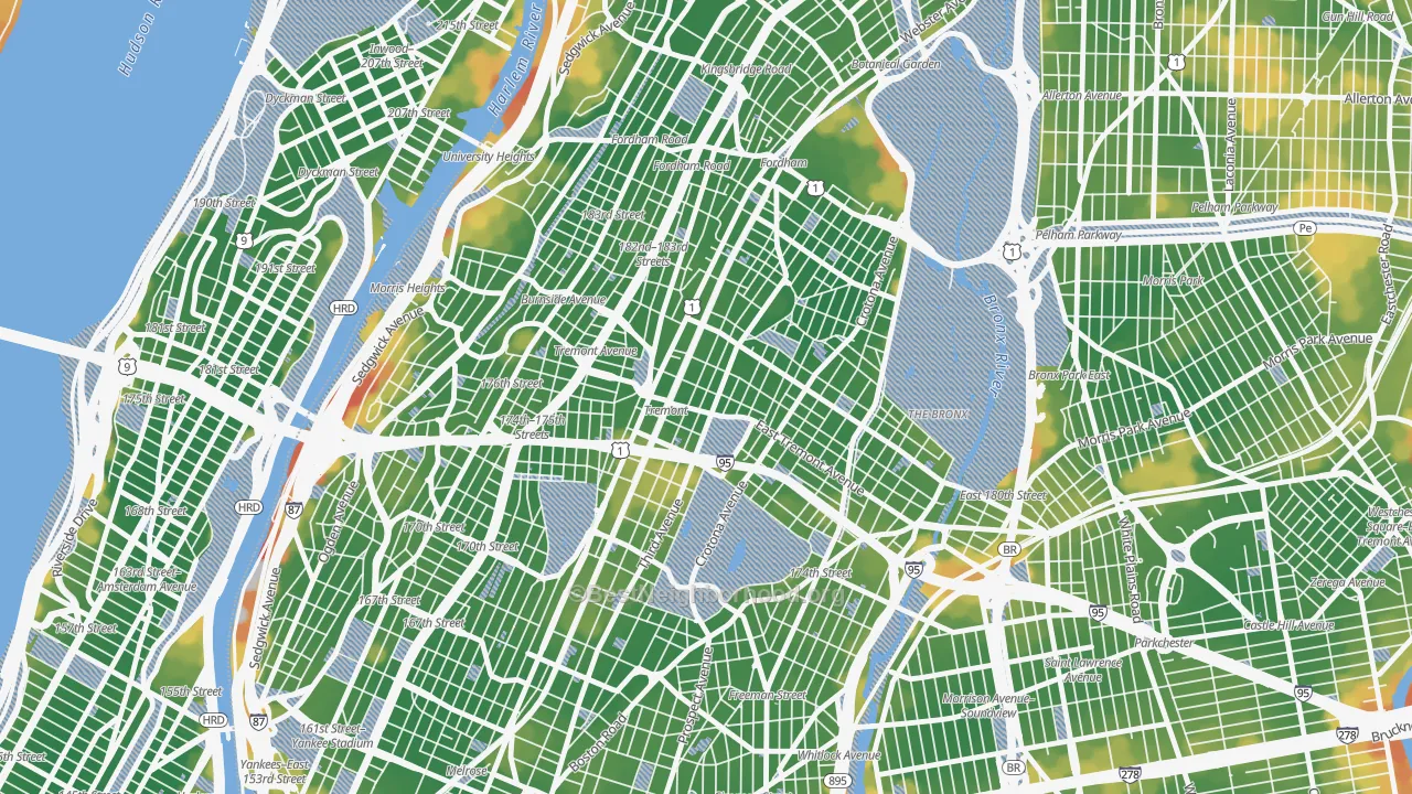 Walk Grade map of Tremont, Bronx, NY, walkable areas in green and car-dependent areas in red