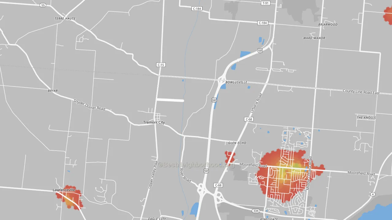 Walk Grade map of Tremont City, OH, walkable areas in green and car-dependent areas in red