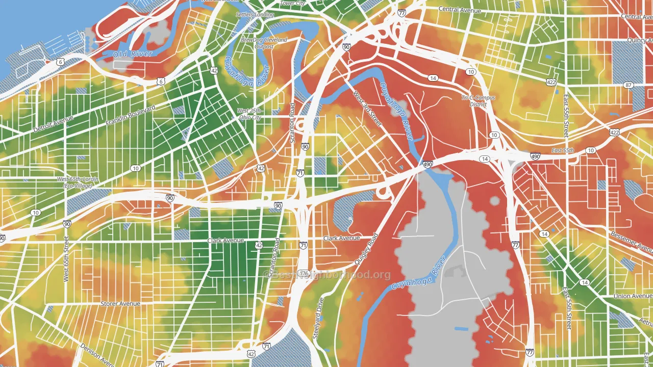 Walk Grade map of Tremont, Cleveland, OH, walkable areas in green and car-dependent areas in red