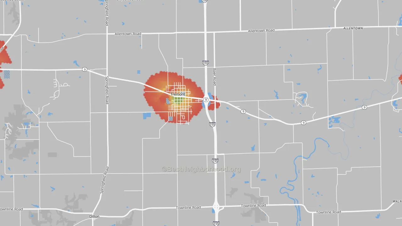 Walk Grade map of Tremont, IL, walkable areas in green and car-dependent areas in red