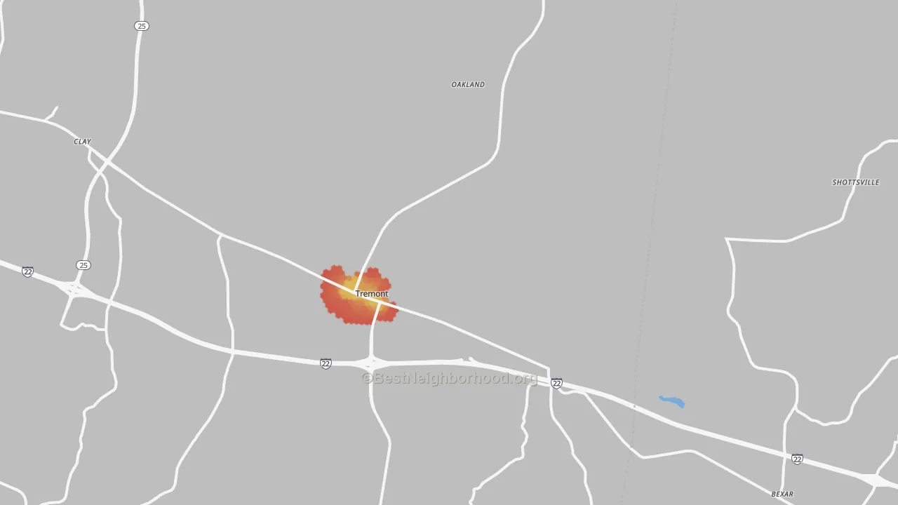 Walk Grade map of Tremont, MS, walkable areas in green and car-dependent areas in red