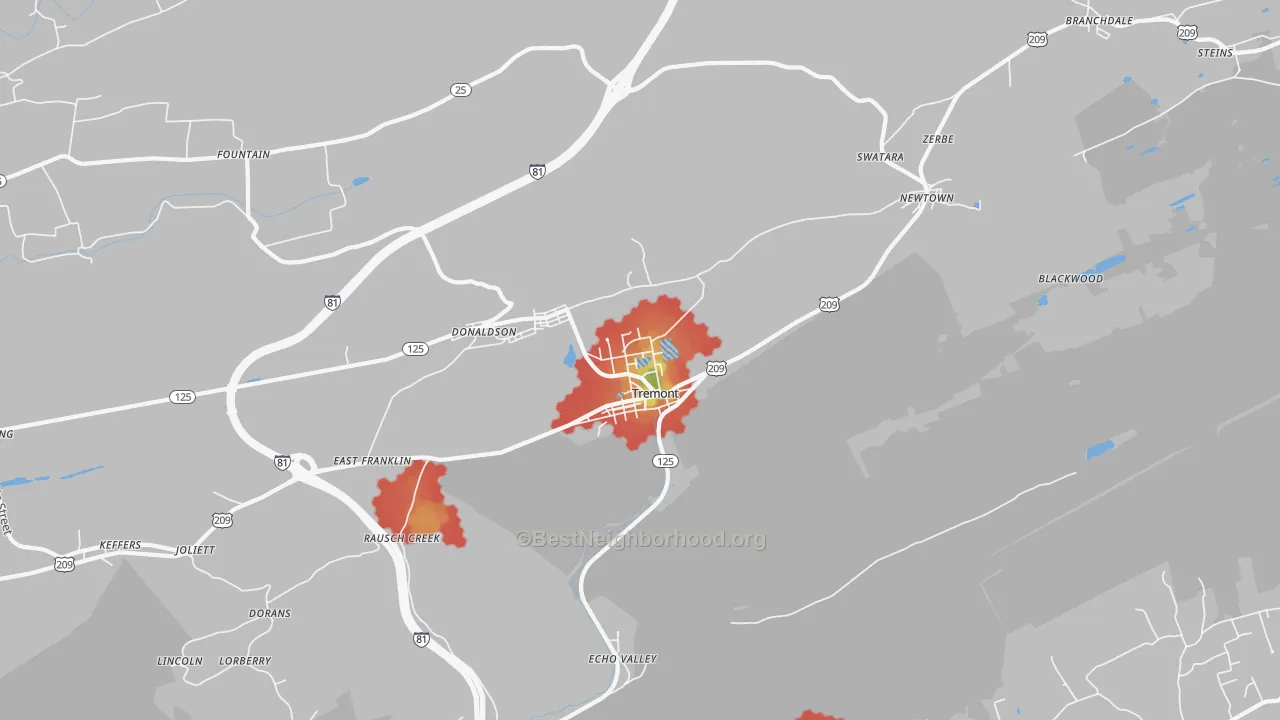 Walk Grade map of Tremont, PA, walkable areas in green and car-dependent areas in red