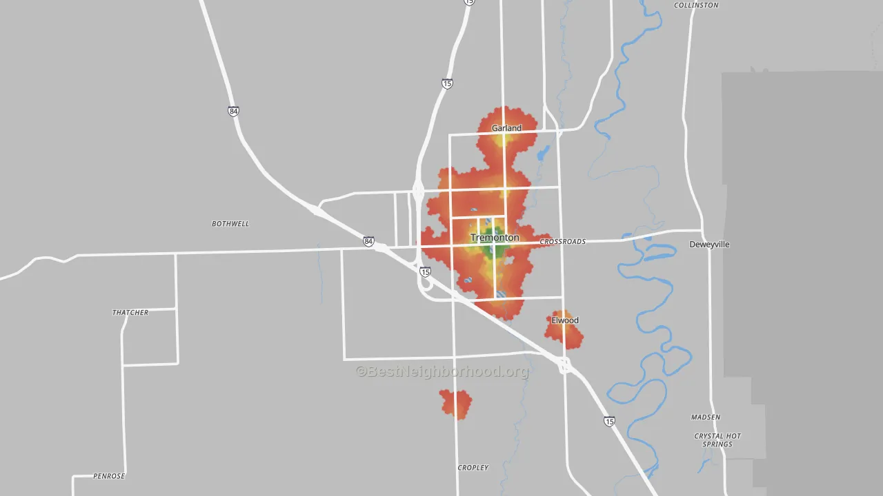 Walk Grade map of Tremonton, UT, walkable areas in green and car-dependent areas in red
