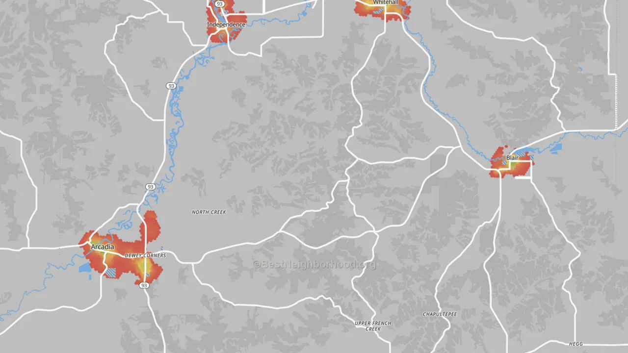 Walk Grade map of Trempealeau County, WI, walkable areas in green and car-dependent areas in red