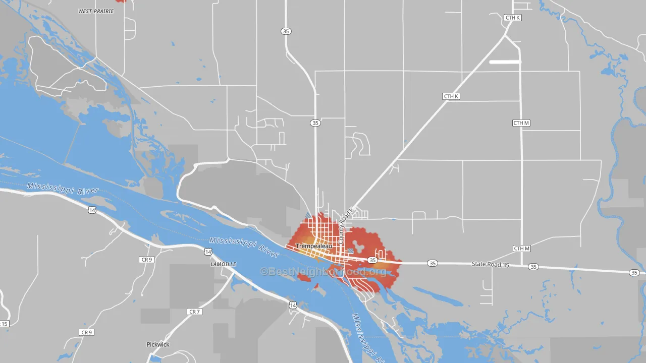 Walk Grade map of Trempealeau, WI, walkable areas in green and car-dependent areas in red