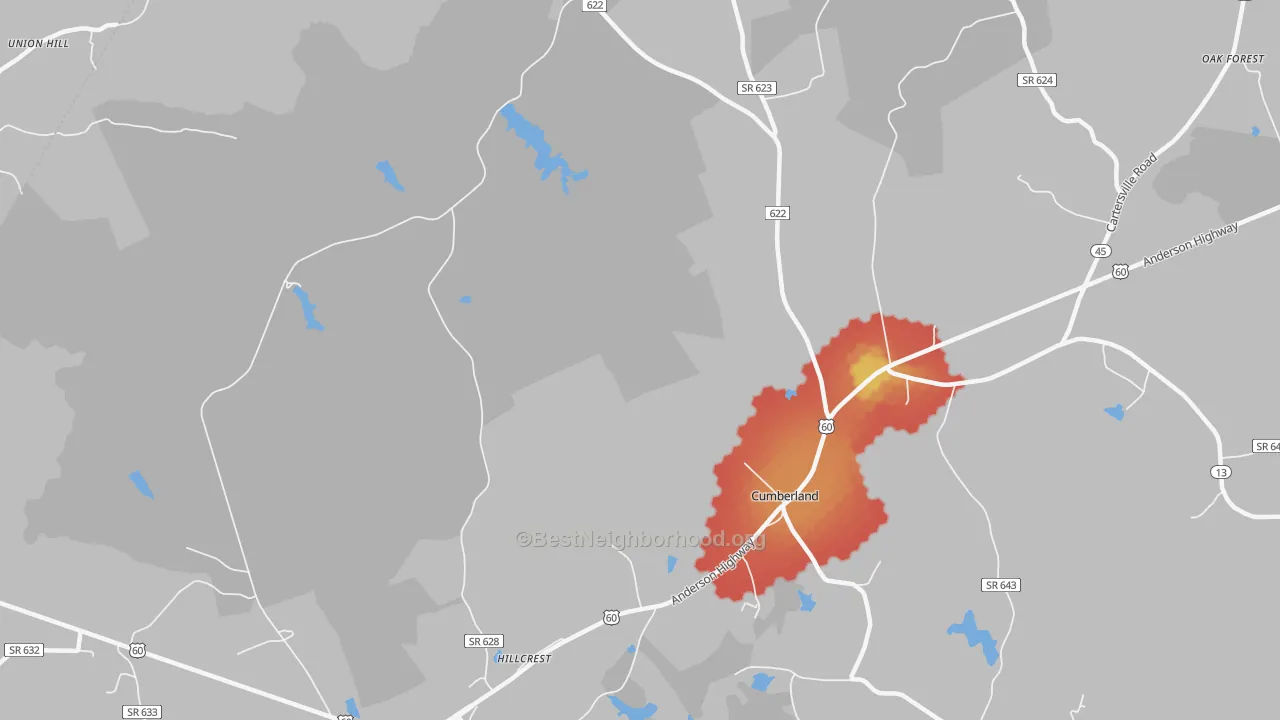 Walk Grade map of Trent Mill, VA, walkable areas in green and car-dependent areas in red